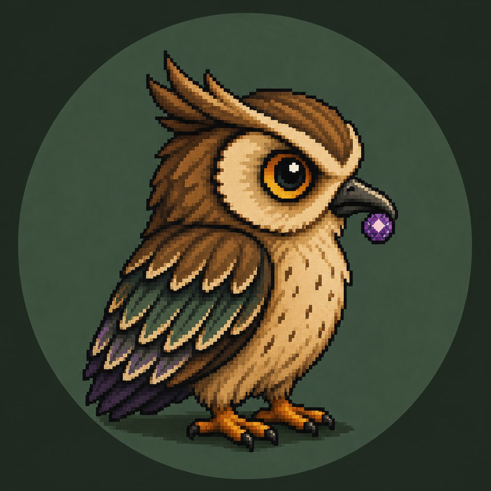 A moro owl in pixel art, amber eye and a violet gem at its beak, perched against a sage-green vignette.
